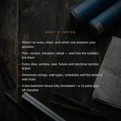 What's inside - sheet codes, scale, symbols, hatches, dimension strings, schedules