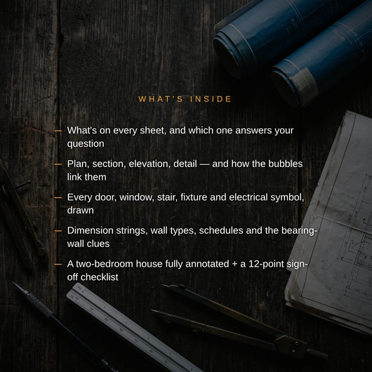 What's inside - sheet codes, scale, symbols, hatches, dimension strings, schedules
