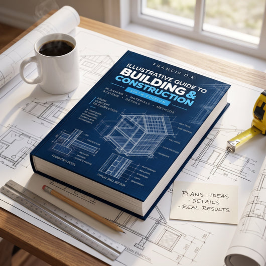 Building Construction Illustrated on a drafting table with blueprints